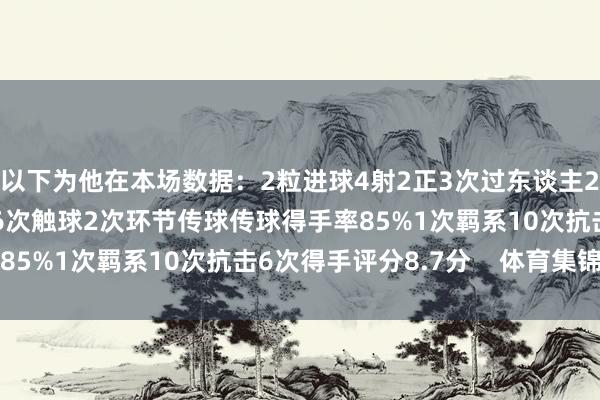 以下为他在本场数据：2粒进球4射2正3次过东谈主2次得手1次错失良机46次触球2次环节传球传球得手率85%1次羁系10次抗击6次得手评分8.7分    体育集锦